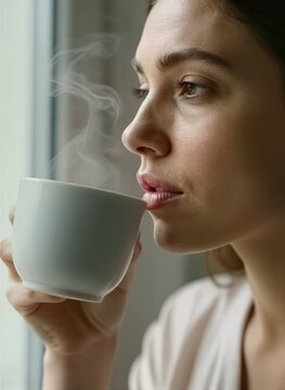Captures Close Portrait Of Woman In Contemplative Pose Holding White Ceramic Mug To Mouth From Gentle Stream Steam Rising Indicating