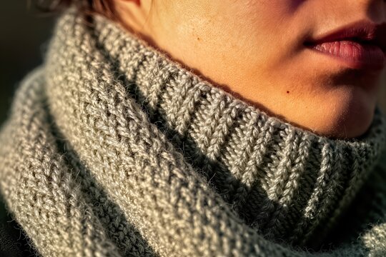 Captures Close Of Persons Neck Lower Face Focusing On Knitted Scarf Part Skin Textured Chunky Knit In Muted Grey Tone Suggesting