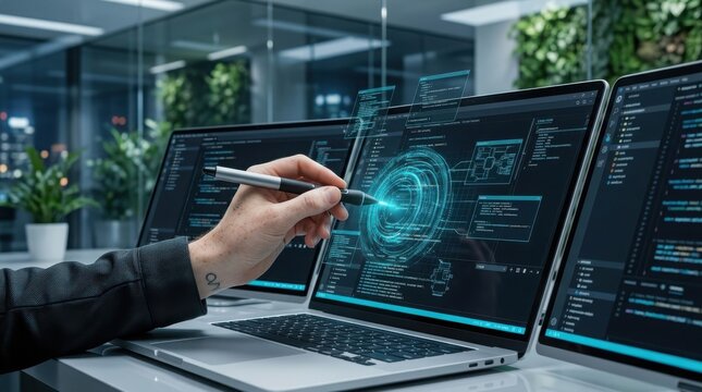 A hand uses a stylus on a laptop screen showing intricate code and data in a modern office. This illustrates advanced software development and data science concepts.