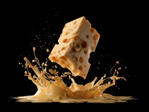 Emmental cheese chunk falling into splashing cheese sauce on black background