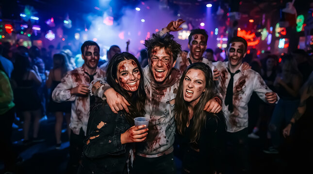 Group of friends in zombie makeup celebrating halloween at a crowded
