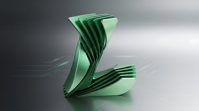 Abstract green metallic letter l shape design with layered modern curved structure isolated on a plain background for creative branding and tech logos