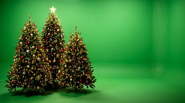 Three festive decorated Christmas trees with glowing lights and ornaments standing against professional green screen chroma key studio backdrop