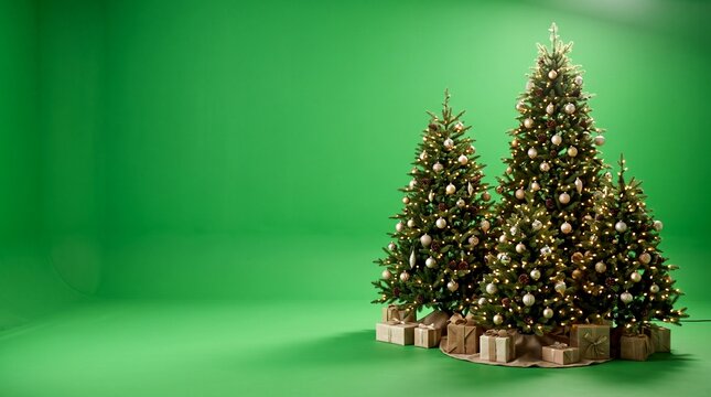 Three decorated Christmas trees with gold ornaments and gifts on green screen chroma key background for festive holiday video compositing