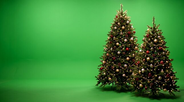Two decorated Christmas trees with warm fairy lights and ornaments standing on chroma key green screen background for holiday video compositing