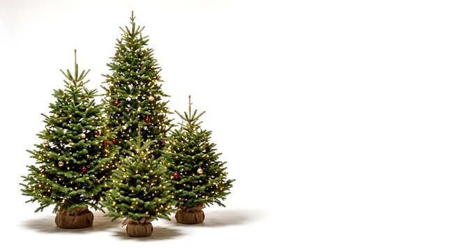 Four elegant Nordmann fir Christmas trees decorated with golden baubles and warm fairy lights on isolated white studio background with copy space