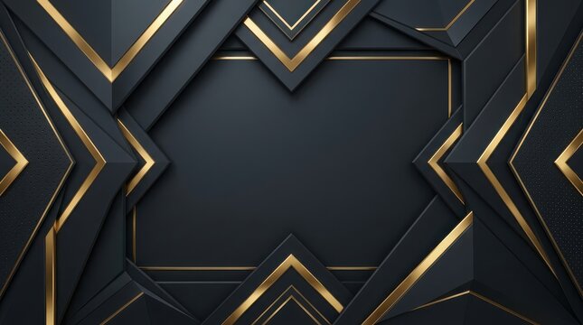 Abstract dark background with geometric shapes and metallic gold lines for luxury business presentation and modern web design
