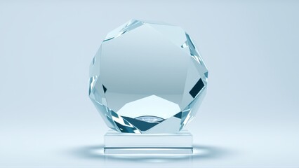 Obraz na płótnie Canvas Crystal trophy stands on reflective base. Clean studio lighting highlights facets, creating bright visual impact. Simple, elegant presentation.