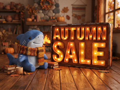 Friendly blue shark figurine with knitted scarf sits on wooden floor next to vintage marquee sign illuminated with bright light bulbs for seasonal promotion event.