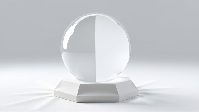 Crystal sphere rests upon white pedestal. Minimalist studio lighting creates soft shadows, highlighting objects form. Clean presentation.