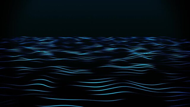 Futuristic digital perspective featuring looping blue particle waves in perspective on dark background, seamless neon lines digital ocean, background for technology video, presentation sci-fi intro