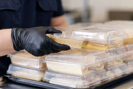 The Prepackaged Meal Containers on a Kitchen Counter Being Handled by Gloved Hands