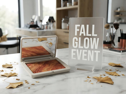 Cosmetic palette with earthy tones and frosted glass sign on marble counter promote autumn beauty event inside professional makeup studio with blurry background.