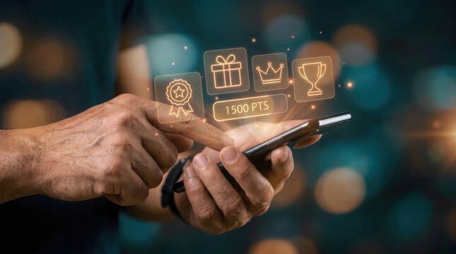 Man uses smartphone with glowing icons for rewards, points, and gifts, symbolizing gamification. Concept for loyalty programs and online engagement.