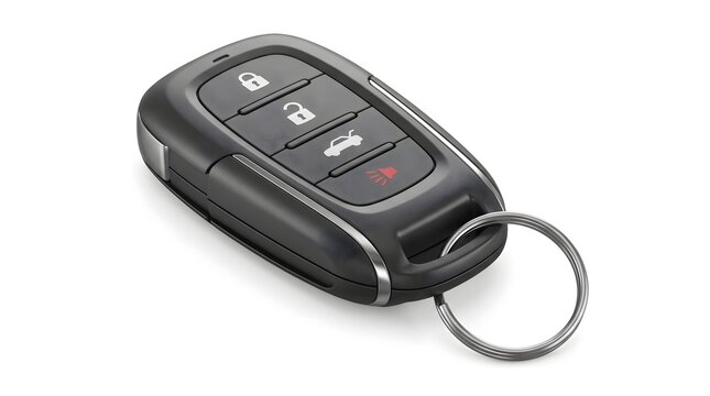 Modern black smart car key fob with metal ring mockup
