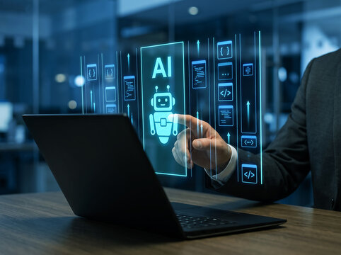 Professional businessman uses glowing holographic interface showing artificial intelligence robot mascot and computer code symbols on dark office laptop background.