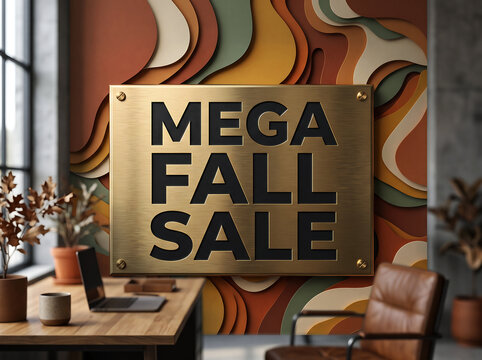 Brushed gold metal plaque featuring bold black text for seasonal discount event hangs against colorful paper cut abstract wall art in modern office environment.