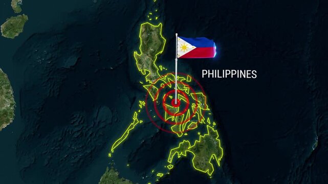Philippines map animation with waving national flag and target rings