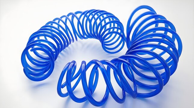 Flexible blue plastic toy spring coiled on a clean surface