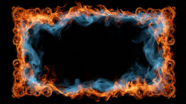 Fiery and icy flames frame border