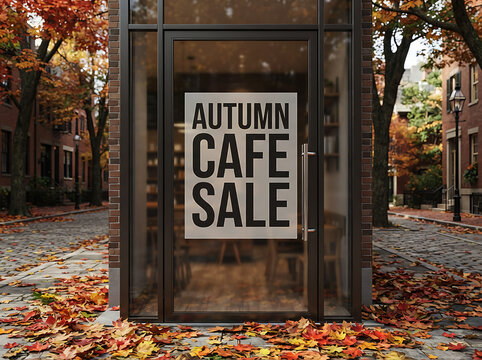 Autumn cafe sale sign on glass door of modern coffee shop with fallen leaves on charming cobblestone street city scene.