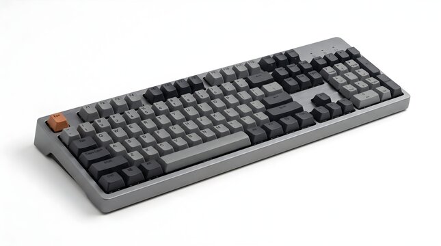 Modern mechanical computer keyboard with grey keycaps on white surface