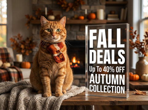 Ginger cat wearing knitted scarf sitting on soft blanket next to transparent glass sign advertising fall deals with up to forty percent off autumn collection.