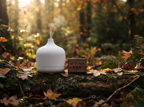 White modern ultrasonic essential oil diffuser emitting fragrant steam on mossy log surface surrounded by dried fallen oak maple leaves for autumn sale theme.