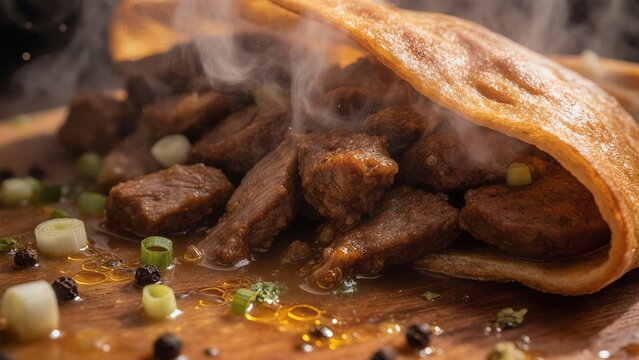 Traditional Mongolian Khushuur pastry with seared mutton meat chunks