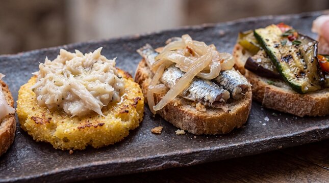 Traditional Venetian cicchetti appetizers including baccal&agrave; mantecato and sarde in saor on dark ceramic slab