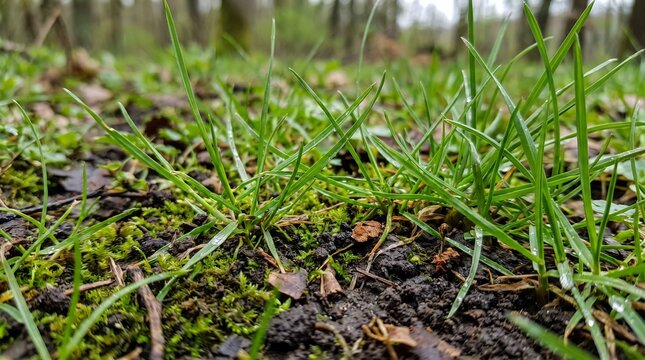A detailed, ground-level perspective captures vibrant new green grass and soft moss emerging from dark, rich soil on a peaceful forest floor, symbolizing fresh growth and natural beauty