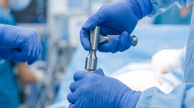 extreme close-up of an orthopedic surgeon's blue nitrile gloved hands holding a sterile bone impactor, precision metal surgical tool with a smooth cylindrical working surface and ergonomic grip