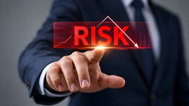 Corporate businessman interacting with a red digital risk management hologram displaying a downward trending graph illustrating financial loss market crashes and strategic business challenges