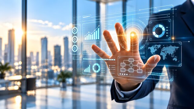 Business executive analyzing financial data graphs and global market charts on an interactive futuristic holographic interface in a modern corporate office