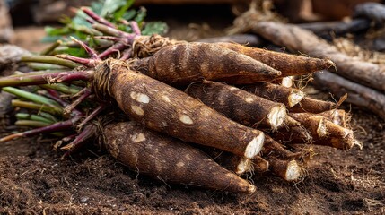 Fototapeta premium Freshly harvested cassava roots in a rural farm setting with workers preparing for market sale