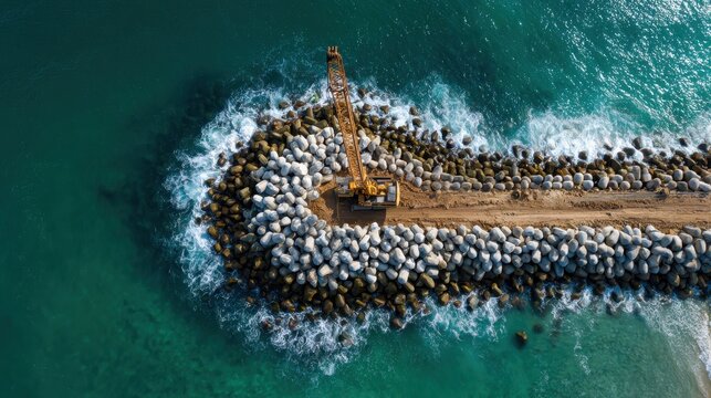 Construction of breakwater with crane placing tetrapods at coastal location