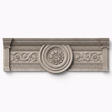 Ornate architectural frieze featuring a central circular floral medallion and intricate scrollwork relief.