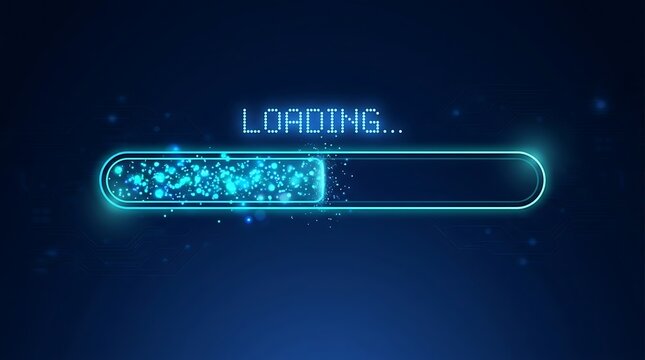 Cyber loading bar and progress indicator with glowing neon particles and text, futuristic tech UI background