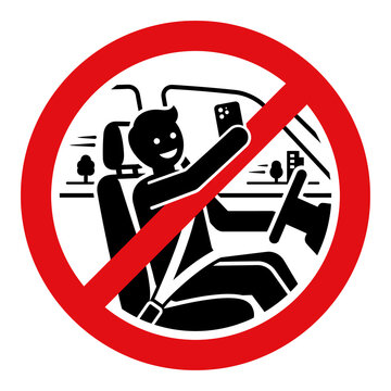 Prohibited distracted driving sign featuring driver using mobile phone inside car on red circular ban icon for traffic safety and road regulation communication.