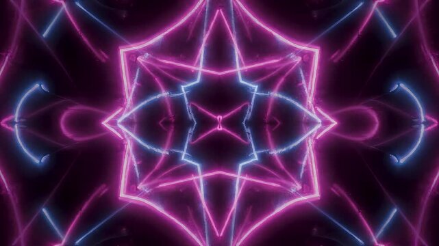 Concentric geometric neon light shapes creating a symmetrical pattern on a black field Conceptualizing technology future and virtual reality.