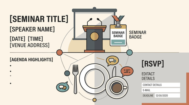 Business seminar invitation template illustration with podium coffee cup and dining plate for conference event