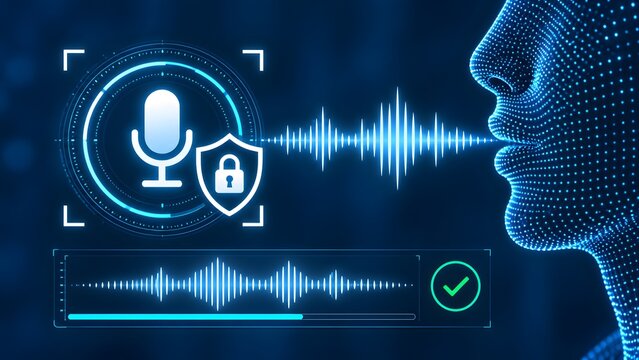 Digital human face profile with sound waves and microphone lock icon illustrating biometric voice recognition speech authentication and advanced audio security technology systems.