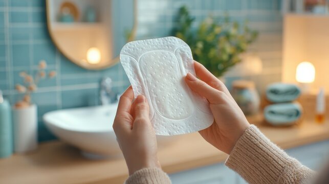 Woman holds feminine hygiene pad in a bathroom setting while preparing for personal care routine