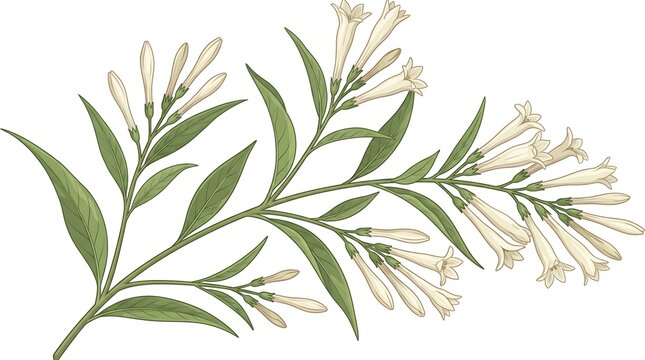 Botanical illustration of a flowering Cestrum nocturnum branch.