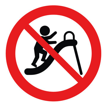 Prohibition sign for climbing on playground slide in red circle for child safety and park maintenance warnings against misuse of outdoor recreational play equipment.