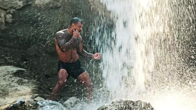 Man shadowboxing beside a waterfall. Man training outdoors amid water spray. Tattooed man punching with bare hands. Muscular man in a boxing stance. Boxer exercising beside cascading water.