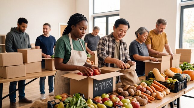Diverse group of volunteers working together to sort and pack fresh apples into boxes for local charity distribution.