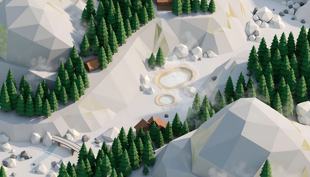 Low poly mountain valley landscape with pine trees and small wooden cabins