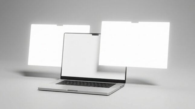 A modern laptop with glowing bright screens and floating folders stands against a clean studio backdrop. This digital workplace mockup is perfect for software presentation.