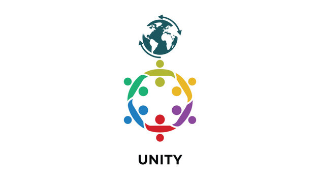 Global unity concept illustration showing colorful human figures forming a circle under a world globe icon.